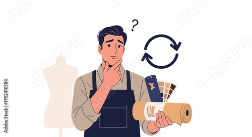 Designer contemplating fabric swatches and wallpaper rolls with mannequin and question mark