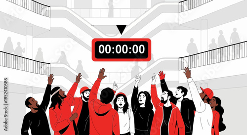 Diverse group of people looking up at a timer in a modern atrium, unity, anticipation