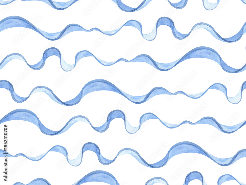 Fototapeta premium Blue watercolor wavy lines seamless pattern. Stripes repeatable background made with flowing seaweed. Wavy horizontal lines background, abstract algae, seaweed composition. Abstract light soft