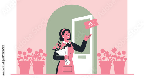Florist with Flowers and Discount Coupon at Doorway, Small Business Promotion