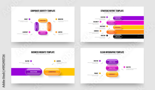 Consulting Innovation Four Five Two Three Element Infographic Slide Layout Vector Illustration Bundle. Modern Introduction 4 5 2 3 Step Diagram Slideshow Design Set.