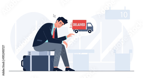 Frustrated businessman waiting for delayed delivery truck at station