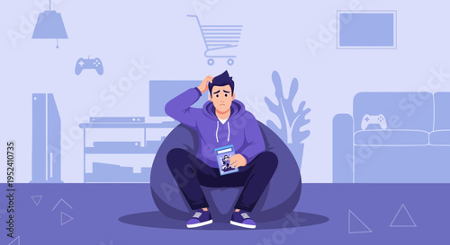 Frustrated gamer holding game case, sitting in bean bag chair in living room