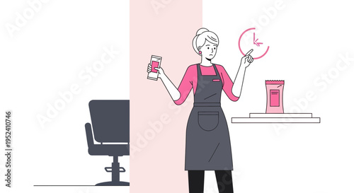 Hairdresser checking time and holding product, salon interior with chair and clock