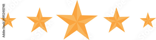 Golden stars set on transparent background illustrating different sizes and perspectives with a shiny metallic effect and subtle geometric patterns