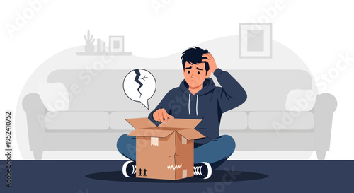 Frustrated man with broken package, disappointment, delivery problem, online shopping issue