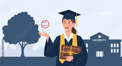 Graduation Stress: Worried Graduate Holding Diploma, University Background, Time Pressure