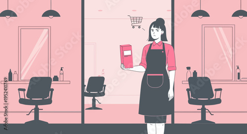 Hairdresser holding product catalog in salon, contemplating purchase, shopping cart icon