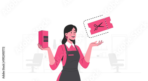 Hairdresser holding product and coupon, offering discount in salon