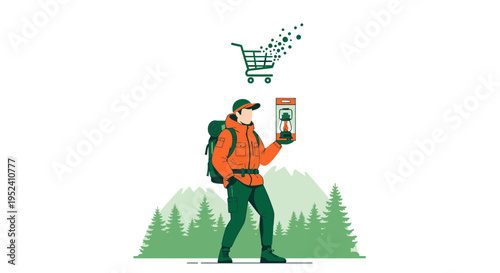 Hiker with backpack holds smartphone, online shopping cart above, outdoor adventure
