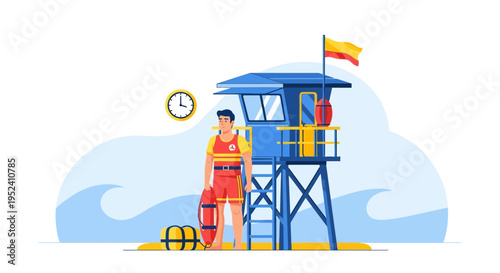 Lifeguard on duty at beach tower, watching over the ocean waves with clock indicating time.