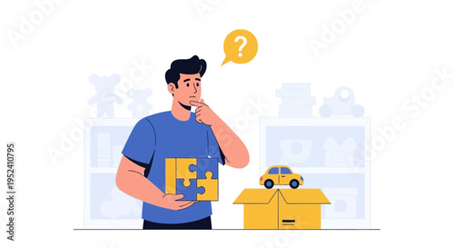 Man confused by puzzle pieces and toy car in box, thinking about assembly