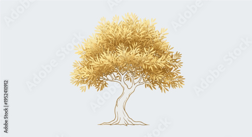 Flat vector cartoon illustration of golden yellow olive tree with lush detailed foliage and trunk
