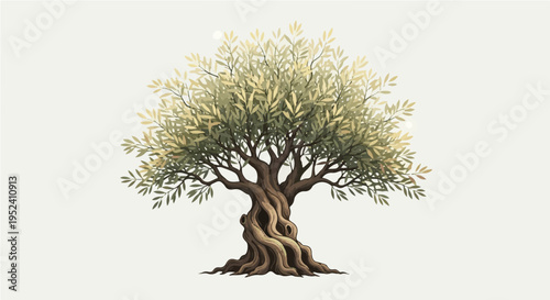 Flat vector cartoon illustration of lush green olive tree with detailed leaves and thick trunk