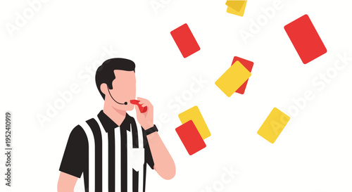Flat vector cartoon illustration of male soccer referee blowing whistle throwing red yellow cards