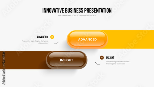 Product Strategy Two Option Infographic Slide Template. Modern Overview Presentation Layout Vector Illustration. Enterprise Innovation 2 Step Diagram Slideshow Design.