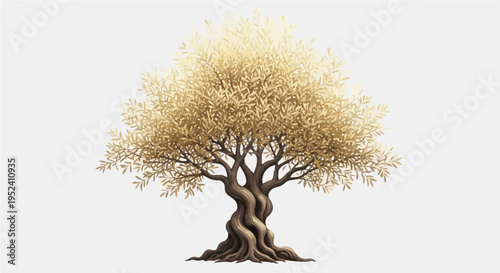 Flat vector cartoon illustration of mature golden olive tree with lush detailed foliage and trunk