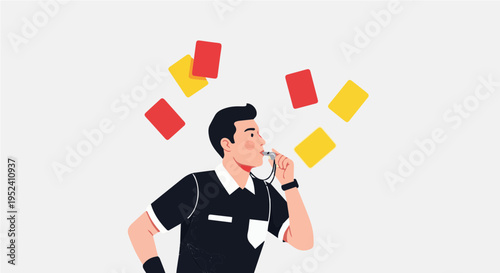 Flat vector cartoon illustration of referee standing with hand on hip and flying penalty cards