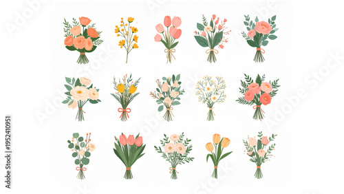 Elegant Flower Bouquet Objects Collection Minimal Flat Illustration