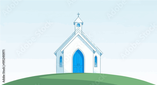 Flat vector cartoon illustration of white greek chapel with blue door on green grassy hill