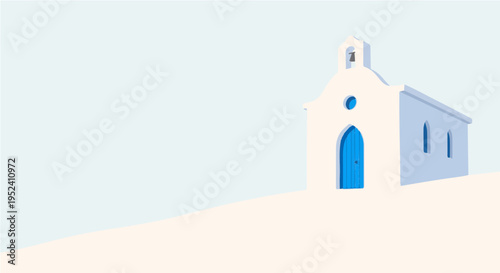 Flat vector cartoon illustration of white greek church with blue door on sandy hill landscape