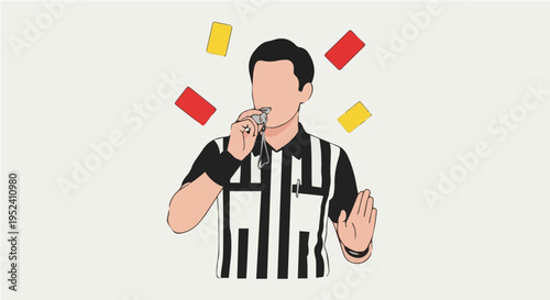 Flat vector cartoon illustration of referee blowing whistle with hand raised and flying cards