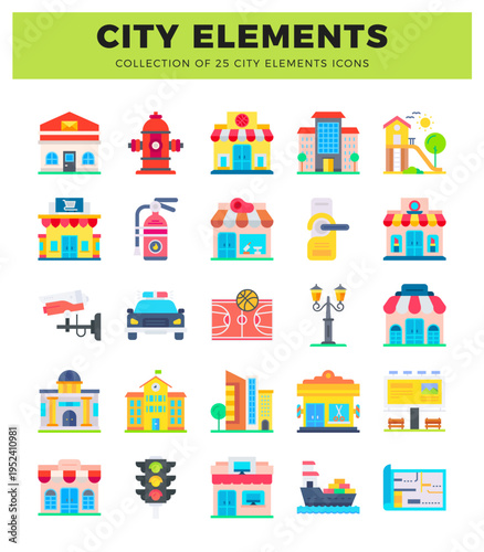 Flat icon collection of city elements with various buildings and transportation