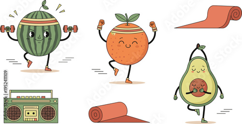 Cute Fitness Fruit Character Illustration Set with Watermelon, Orange and Avocado Exercising with Yoga Mat and Music Isolated on White Background
