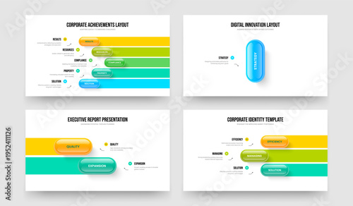Sales Forecast 5 1 2 3 Option Infographic Slideshow Layout Set. Consulting Solution Five One Two Three Element Diagram Slide Template Vector Illustration Collection.