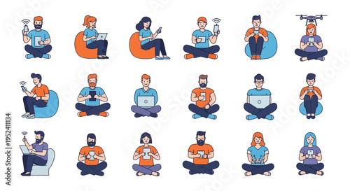 Minimalist flat vector illustration set of people interacting with digital technology.