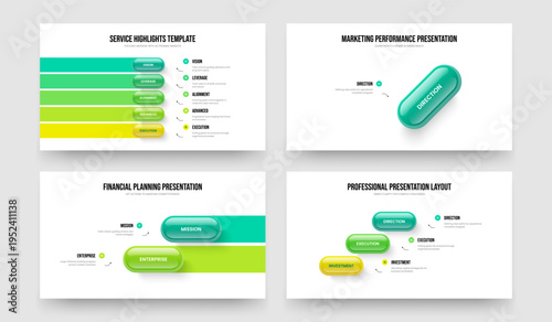Visual Development Five One Two Three Option Diagram Slideshow Template Vector Illustration Bundle. Market Review 5 1 2 3 Element Infographic Frame Layout Set.