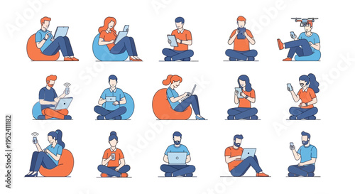 Minimalist flat vector illustration set of people interacting with digital technology.