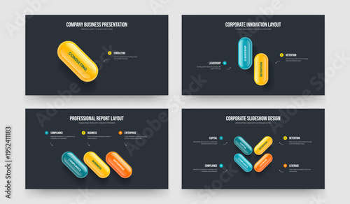 Corporate Growth One Two Three Four Option Diagram Presentation Layout Vector Illustration Bundle. Creative Briefing 1 2 3 4 Step Infographic Slideshow Template Collection.