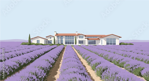 White villa lavender field rows purple flowers sunny sky