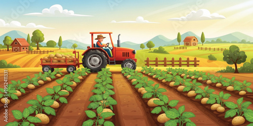 Farmer Driving Tractor Harvesting Potatoes in Agricultural Field with Fresh Potato Crops Rural Farming Landscape and Countryside Farm Vector Illustration