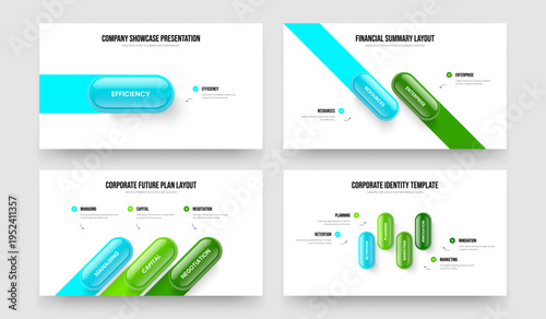 Enterprise Development One Two Three Four Step Diagram Slideshow Template Vector Illustration Set. Financial Growth 1 2 3 4 Element Infographic Frame Design Bundle.