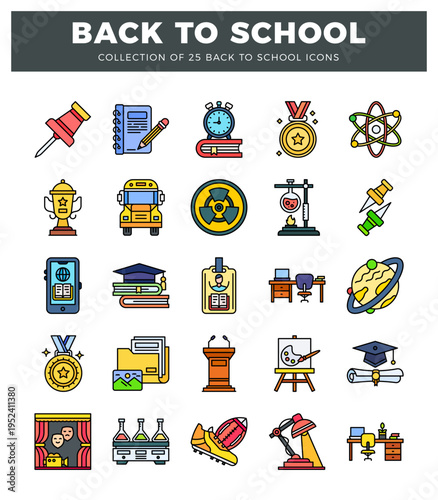 back to school icons in a grid layout on a white background. with a dark grey header.