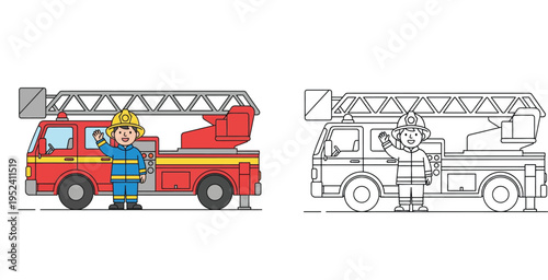 Firefighter Waving Next to Fire Ladder Truck Illustration - Colored and Line Art Versions for Kids Coloring Page and Education