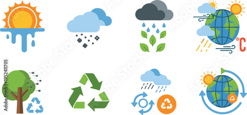 Climate Change and Environmental Icon Set with Global Warming, Recycling, Weather and Nature Symbols Isolated on White Background for Eco Awareness Design
