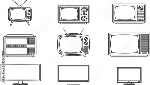Retro vintage television and modern flat screen monitor line art icon collection featuring antique tv sets and digital display vector flavector