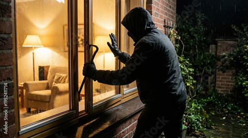 Dark-clothed figure with a crowbar attempting to break into a house through a window, illuminated by warm light from inside, creating a tense atmosphere of criminal activity