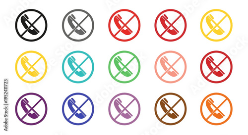 Collection of no phone icons in various colors, indicating no calls or phone usage allowed.