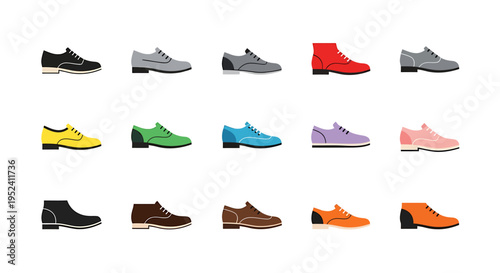A diverse collection of vector illustrated footwear, showcasing various styles of men's and women's shoes and boots in multiple vibrant colors on a clean white background.