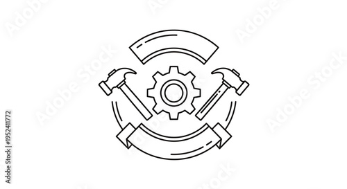 Line art illustration of a gear with two crossed hammers and banners, symbolizing industry, craftsmanship, work and labor day.