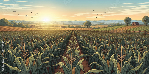 Golden Corn Field at Sunrise with Endless Agricultural Farmland Rows Rural Countryside Landscape and Growing Maize Crops Farming Harvest Season Vector Illustration