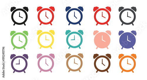 A collection of fifteen colorful alarm clock icons in various hues, neatly arranged in three rows on a clean white background.