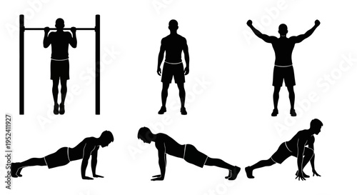 Silhouette of man doing pull-ups and push-ups, demonstrating fitness and strength.
