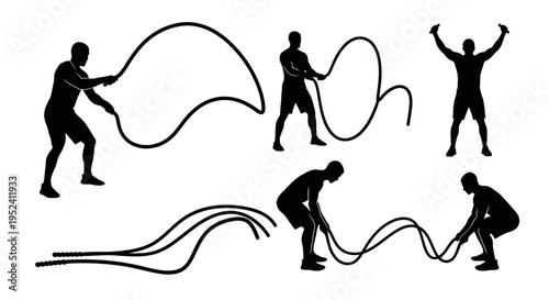 Fitness Silhouette Set: Battle Rope Exercises and Workout Poses
