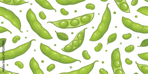Green Pea Seamless Pattern with Pea Pods, Beans and Leaves Vector Illustration for Fresh Vegetable Food Packaging, Farm Market Design and Healthy Cooking Background
