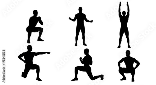 Fitness Silhouette Set: Squat, Lunge, Jumping Jack, Exercise Poses